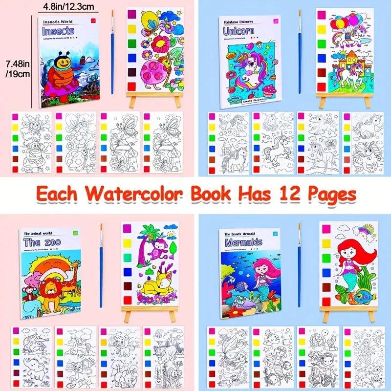 Kids Watercolor Painting Book Set – Mess-Free Art Kit with Brush