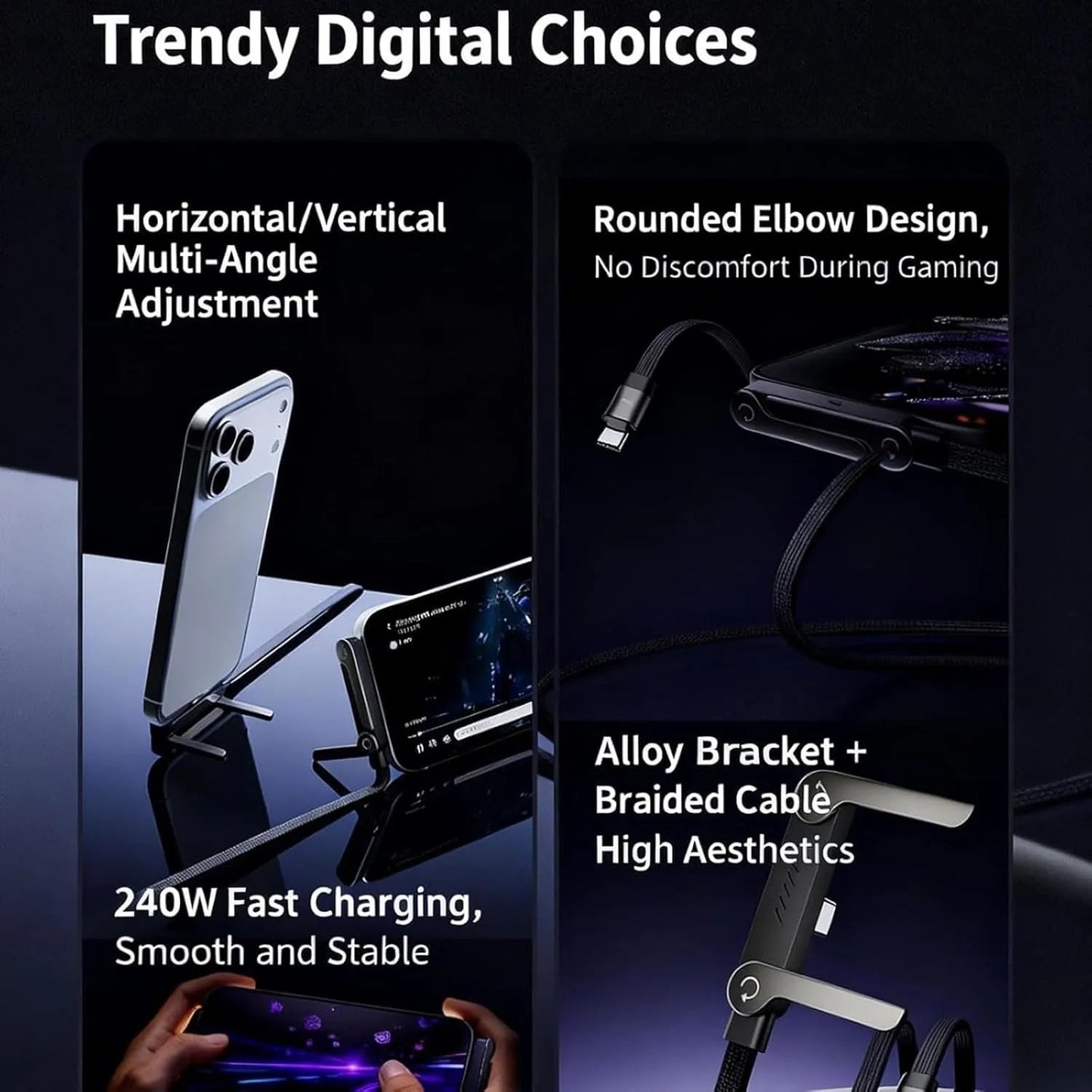 2-in-1 Invisible Holder Charger Cable – 240W Fast Charging USB-C Cable with Built-in Phone Stand