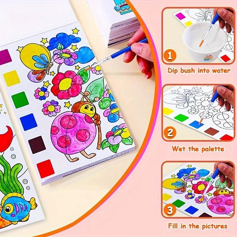 Kids Watercolor Painting Book Set – Mess-Free Art Kit with Brush