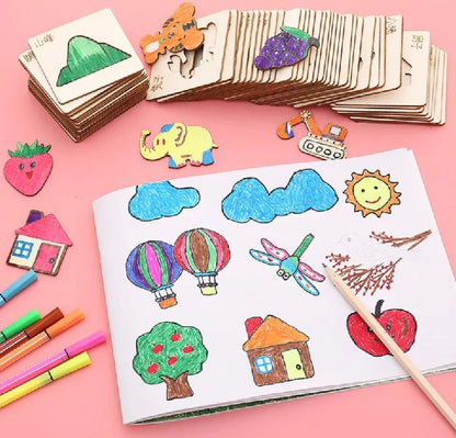 Kids Wooden Drawing Stencils Kit – Animal, Fruits & Shapes -24 Pieces (Inner + Outer Puzzle Set)