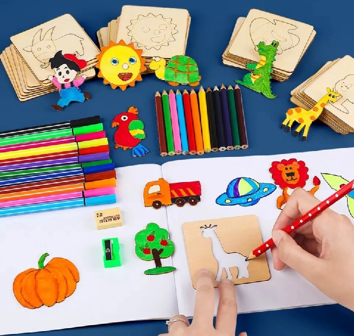 Kids Wooden Drawing Stencils Kit – Animal, Fruits & Shapes -24 Pieces (Inner + Outer Puzzle Set)