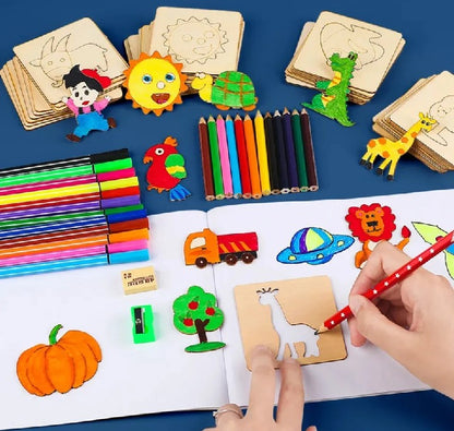 Kids Wooden Drawing Stencils Kit – Animal, Fruits & Shapes -24 Pieces (Inner + Outer Puzzle Set)