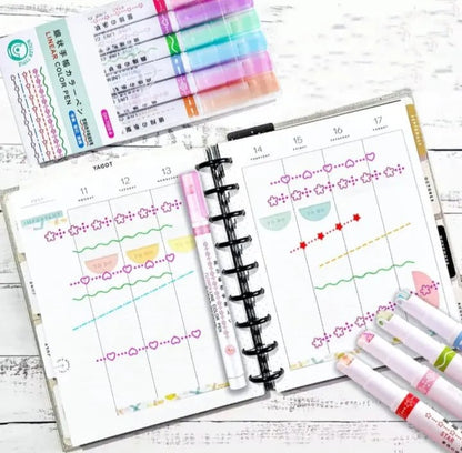 6 Pcs Cute Curve Highlighter Pen Set – Creative Fine Tip Marker Pens