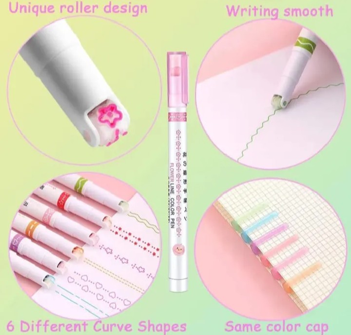 6 Pcs Cute Curve Highlighter Pen Set – Creative Fine Tip Marker Pens