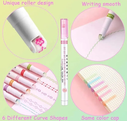6 Pcs Cute Curve Highlighter Pen Set – Creative Fine Tip Marker Pens