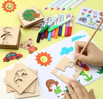 Kids Wooden Drawing Stencils Kit – Animal, Fruits & Shapes -24 Pieces (Inner + Outer Puzzle Set)