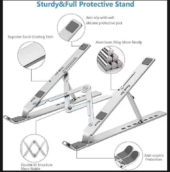 Adjustable Laptop Stand Aluminum Foldable Portable Laptop Riser for Desk – Ergonomic Cooling Stand for MacBook, Tablets & 10–16” Laptops