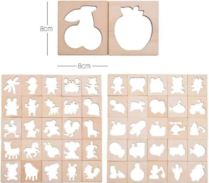 Kids Wooden Drawing Stencils Kit – Animal, Fruits & Shapes -24 Pieces (Inner + Outer Puzzle Set)