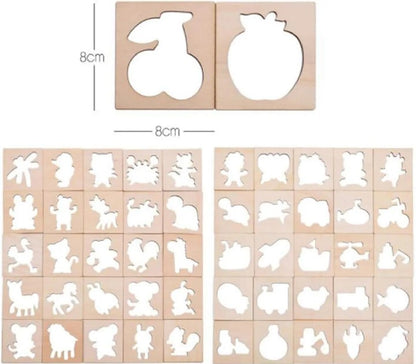 Kids Wooden Drawing Stencils Kit – Animal, Fruits & Shapes -24 Pieces (Inner + Outer Puzzle Set)
