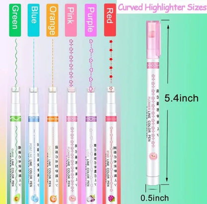 6 Pcs Cute Curve Highlighter Pen Set – Creative Fine Tip Marker Pens