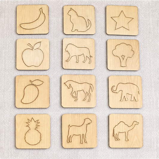 Kids Wooden Drawing Stencils Kit – Animal, Fruits & Shapes -24 Pieces (Inner + Outer Puzzle Set)